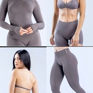 Seamless Taupe Activewear Set - Jacket, Sports Bra & High-Waist Leggings